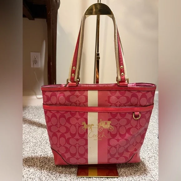 Y2K Vintage Coach Pink Heritage Stripe Signature Tote from 2008 - Picture 2 of 10
